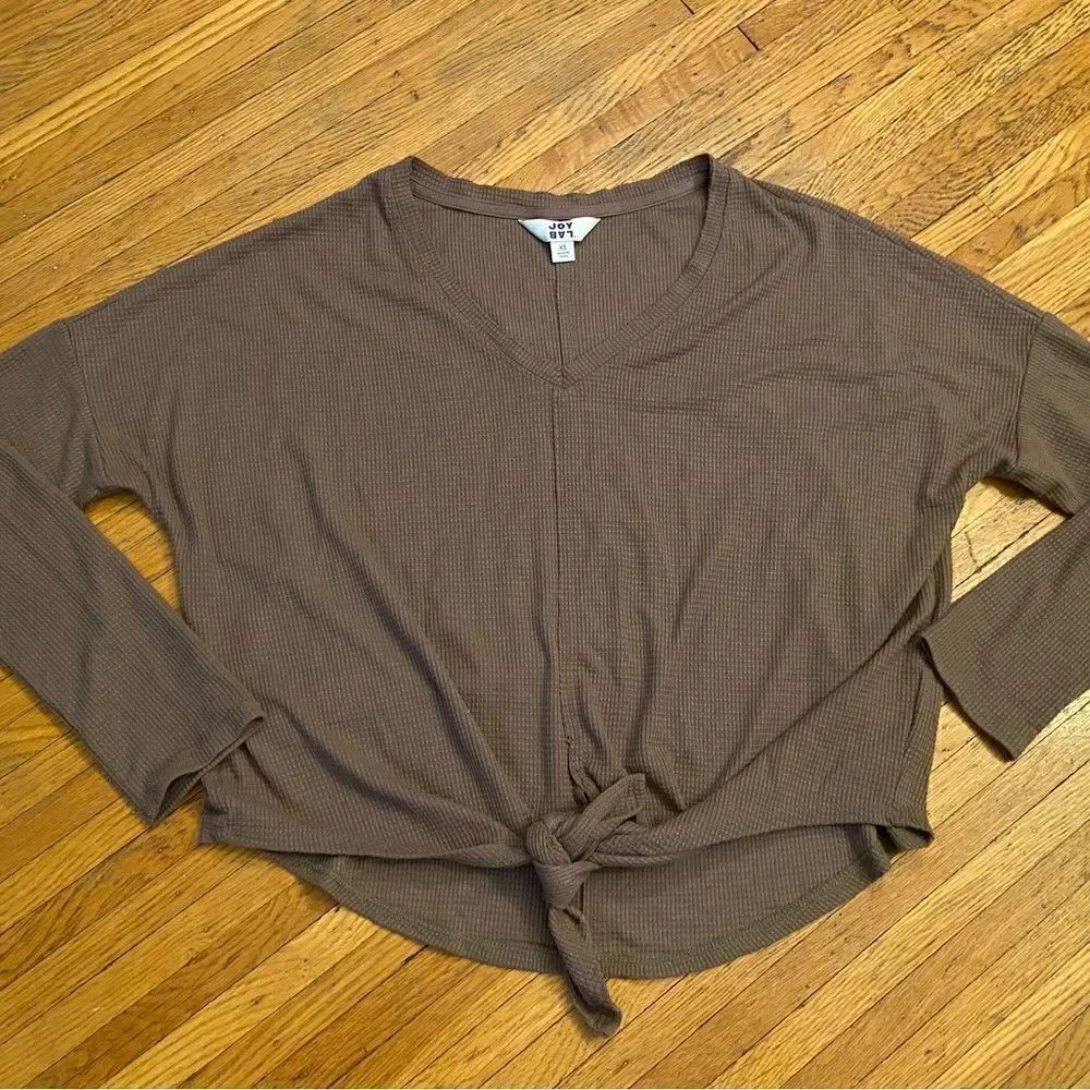 JoyLab brown long sleeve waffle knit tie front top